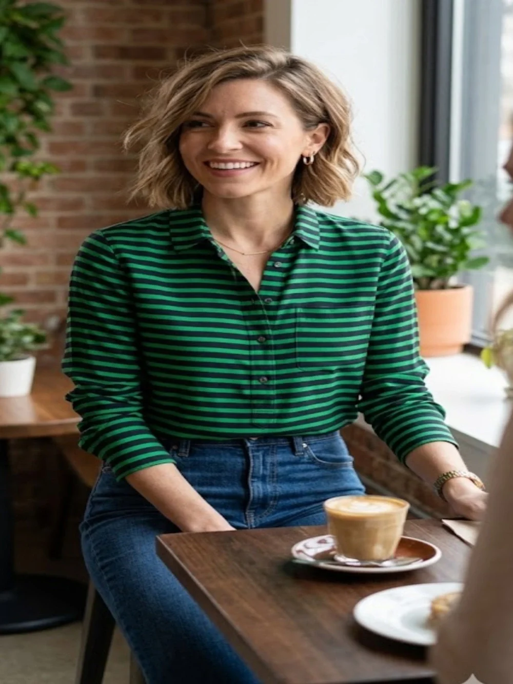 J. Crew Green and Black 100% Silk Striped Button-Down Shirt
